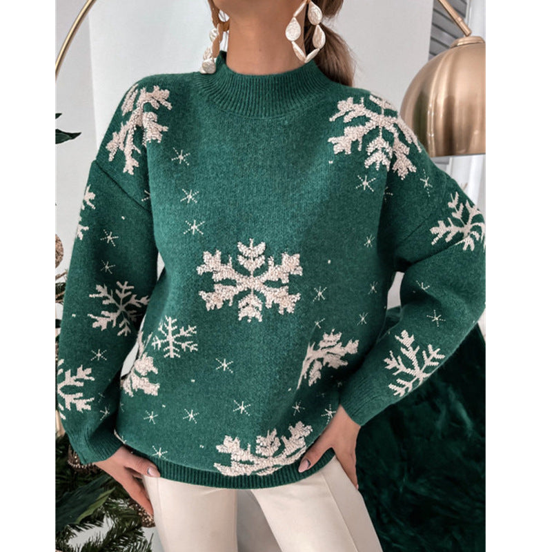 Schneeflocke Handtuch Stickerei Halb hoher Kragen Lange Ärmel Damen Weihnachts pullover