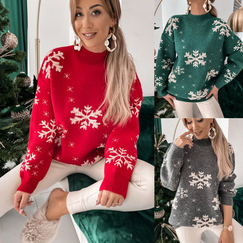 Schneeflocke Handtuch Stickerei Halb hoher Kragen Lange Ärmel Damen Weihnachts pullover