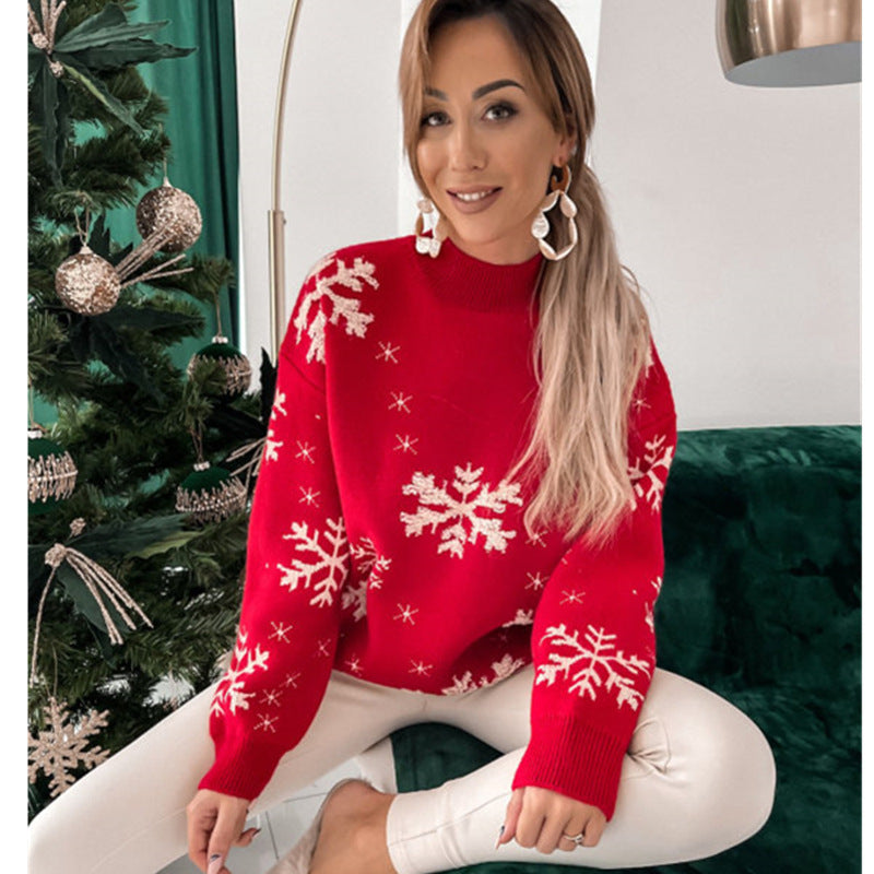 Schneeflocke Handtuch Stickerei Halb hoher Kragen Lange Ärmel Damen Weihnachts pullover