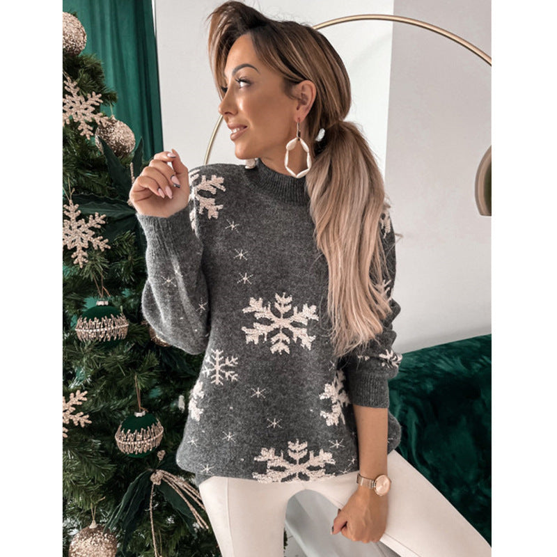 Schneeflocke Handtuch Stickerei Halb hoher Kragen Lange Ärmel Damen Weihnachts pullover